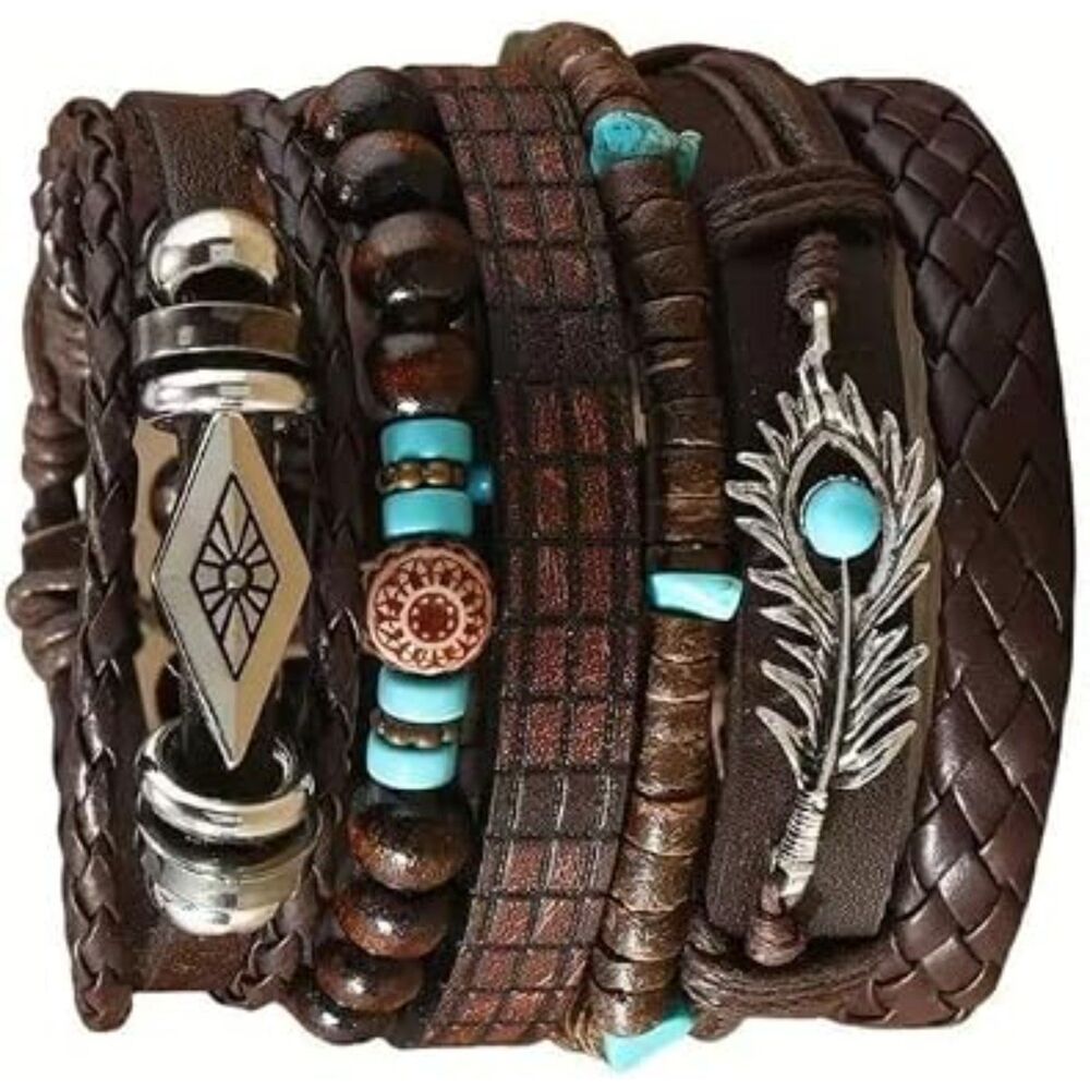 Set of 6 VTG Style Southwestern Western Boho Leather Adjustable Slider Bracelets